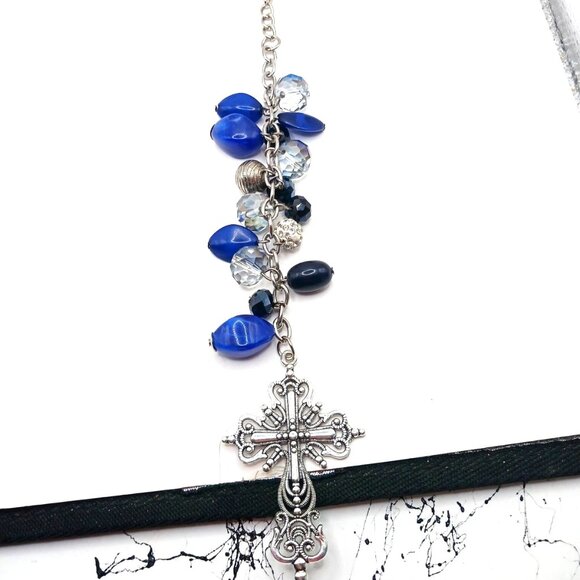 Blue + Silver Beaded + Silver Tone Cross 9 Inch Keychain or Purse Charm - Picture 1 of 7